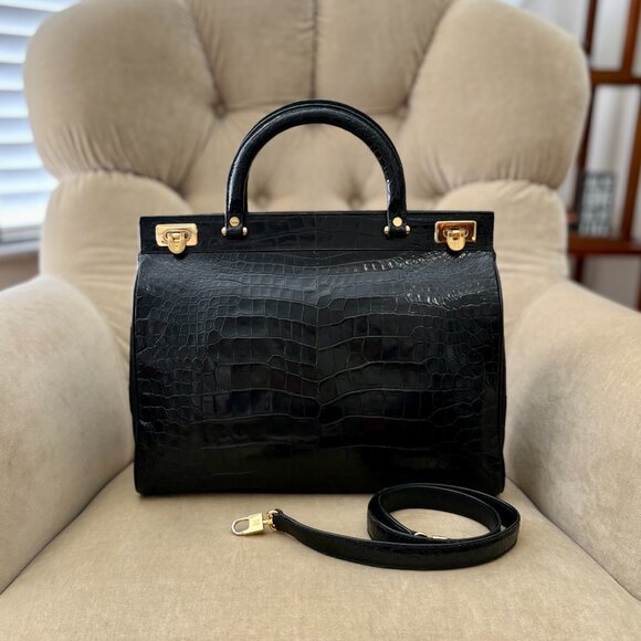 Auth. KWANPEN Singapore Genuine CROCODILE Black Satchel Shoulder Bag...GORGEOUS! - Picture 1 of 10